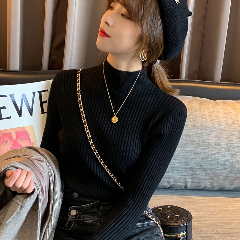 Áo Dệt Kim Tay Dài Cổ Cao Dáng Ôm Phong Cách Hàn Quốc Thời Trang Cho Nữ