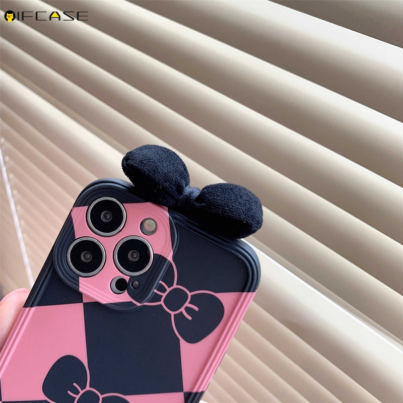 Ốp Điện Thoại Mềm Chống Sốc In Họa Tiết Caro &amp; Trái Tim Đính Nơ Cho iPhone 13 12 11 Pro Max XS Max XR X
