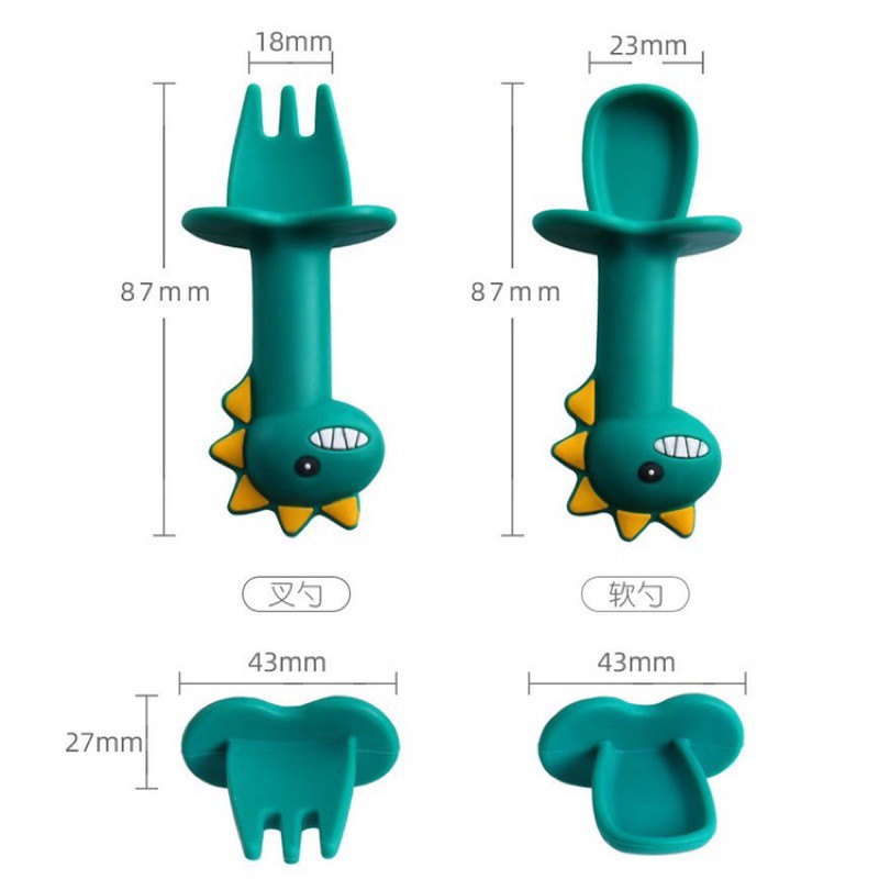 Thìa dĩa tập xúc cán ngắn có nút chặn chất liệu silicon cao cấp, muỗng nĩa tập xúc cho bé hình khủng long dễ thương