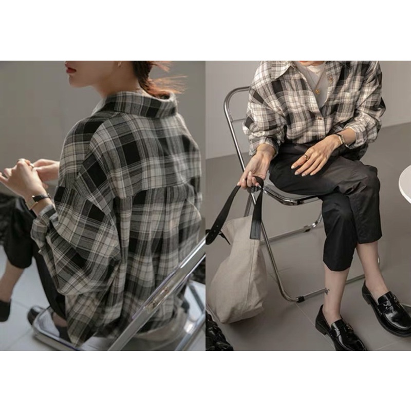 Sơ mi caro xanh dáng rộng có túi ngực-chicclothes