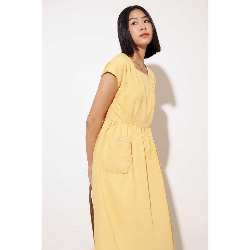 Đầm nữ dáng suông ngắn tay thời trang GAGO elastic waist double pocket dress màu vàng GG3250