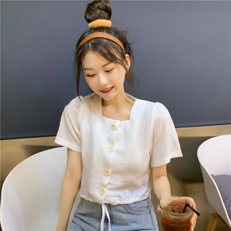 Áo Cổ Vuông tay ngắn ulzzang dáng croptop phối khuy độc đáo Hàn Quốc C51 - Maoshop | BigBuy360 - bigbuy360.vn