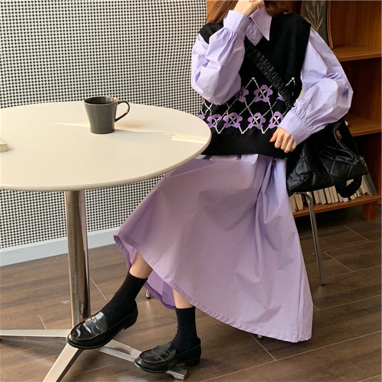 Set Đầm Tay Dài Màu Tím + Áo Khoác Len Không Tay Thiết Kế Mới Thời Trang Dành