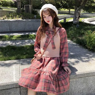 ĐẦM ULZZANG ĐẦM SỌC CARO HỒNG