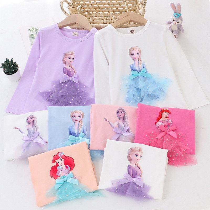 Áo Thun Dài Tay Bé Gái In Hình Công Chúa Elsa, Ariel 3D cực xinh Size 12-25kg-Minkids