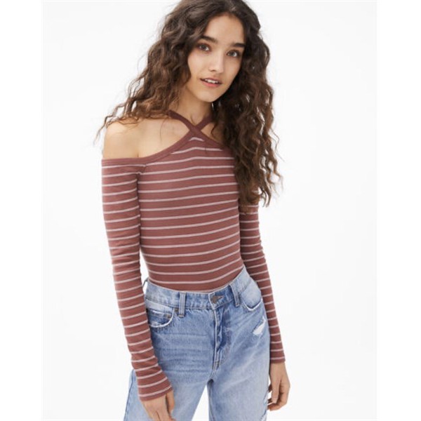 Áo Croptop SERIOUSLY SOFT Thun Cotton Gân Rip Bẹt Vai Dây Chéo Tay Dài Hồng Đậm Sọc Trắng