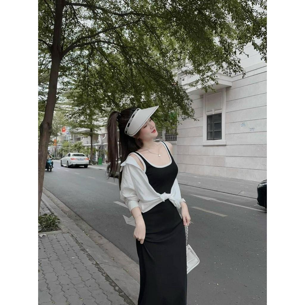 Đầm Hai Dây Dáng Dài Phối Viền Trắng Basic Kèm Aó Khoác Đũi CC0052