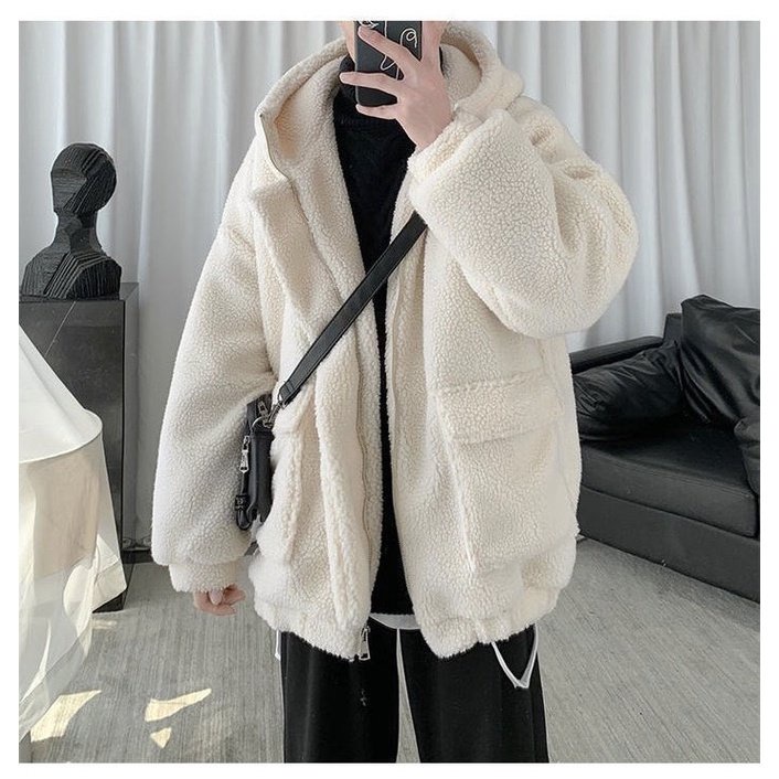 Áo Khoác Lông Cừu Form Rộng Có Mũ Unisex Siêu Dày, Áo Jacket Nam Nữ Túi Hộp Phong Cách Hàn Quốc