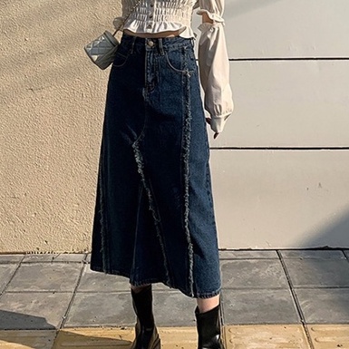 Chân váy jean kaki cạp cao dài qua gối, chân váy midi tua viền phong cách Ulzzang_a16
