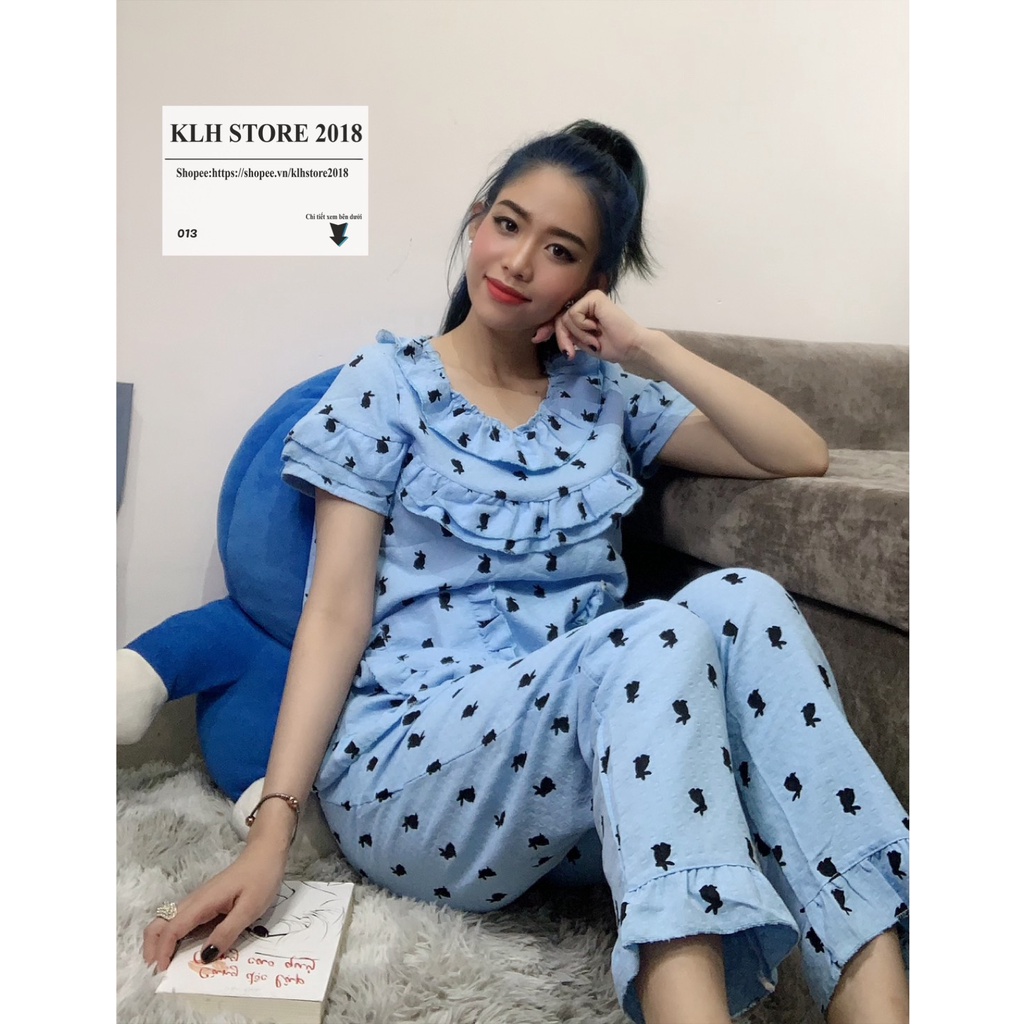 Đồ bộ nữ kiểu dáng tay ngắn quần dài dễ thương mặc nhà chất đũi xốp mềm nhẹ