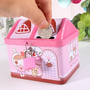 két sắt đựng tiền cho bé hình ngôi nhà và hình chú lợn