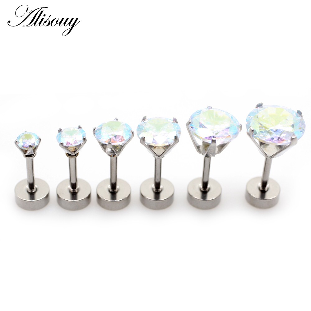 Alisouy 2 Chiếc Unisex Nam Nữ Tròn Pha Lê Zircon Thép Không Gỉ Bông Tai Barbell Tragus Sụn Xuyên Trang Sức