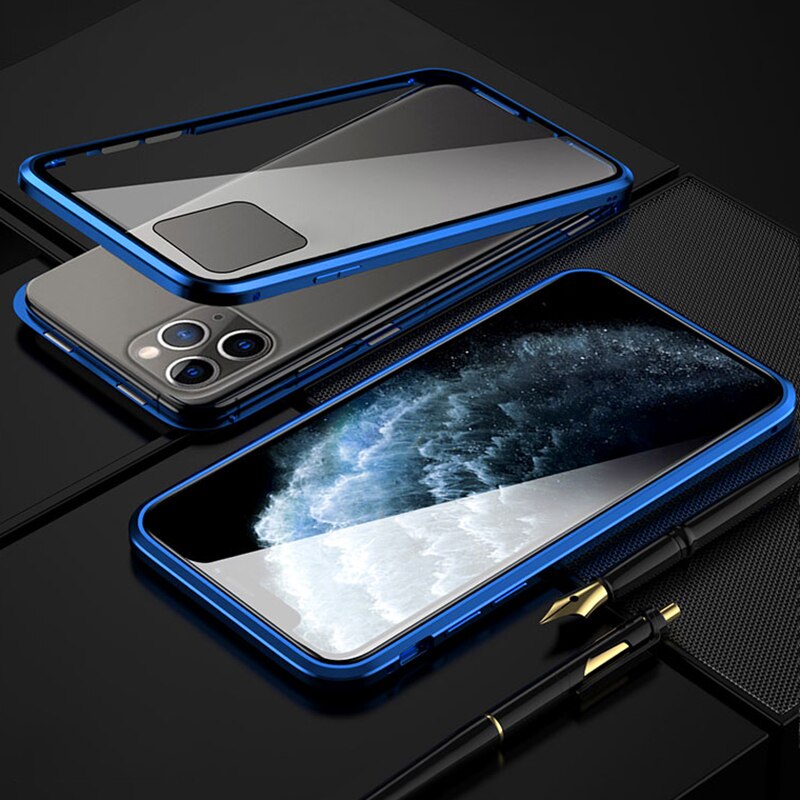 Ốp điện thoại kính cường lực hai mặt viền kim loại nam châm thích hợp cho iPhone X XR XS Max 8 7 6 6S Plus SE 2020