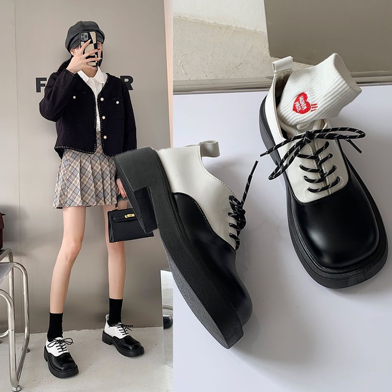 Giày Da Mũi Tròn Màu Tối Phong Cách Anh Quốc Cổ Điển Thời Trang Cho Nữ