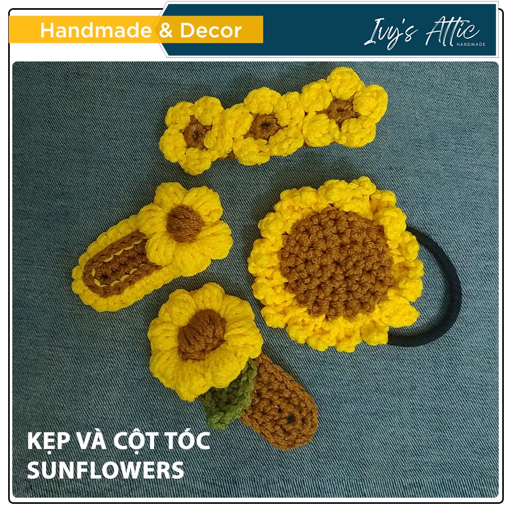 Bộ kẹp tóc, dây cột tóc hoa hướng dương handmade
