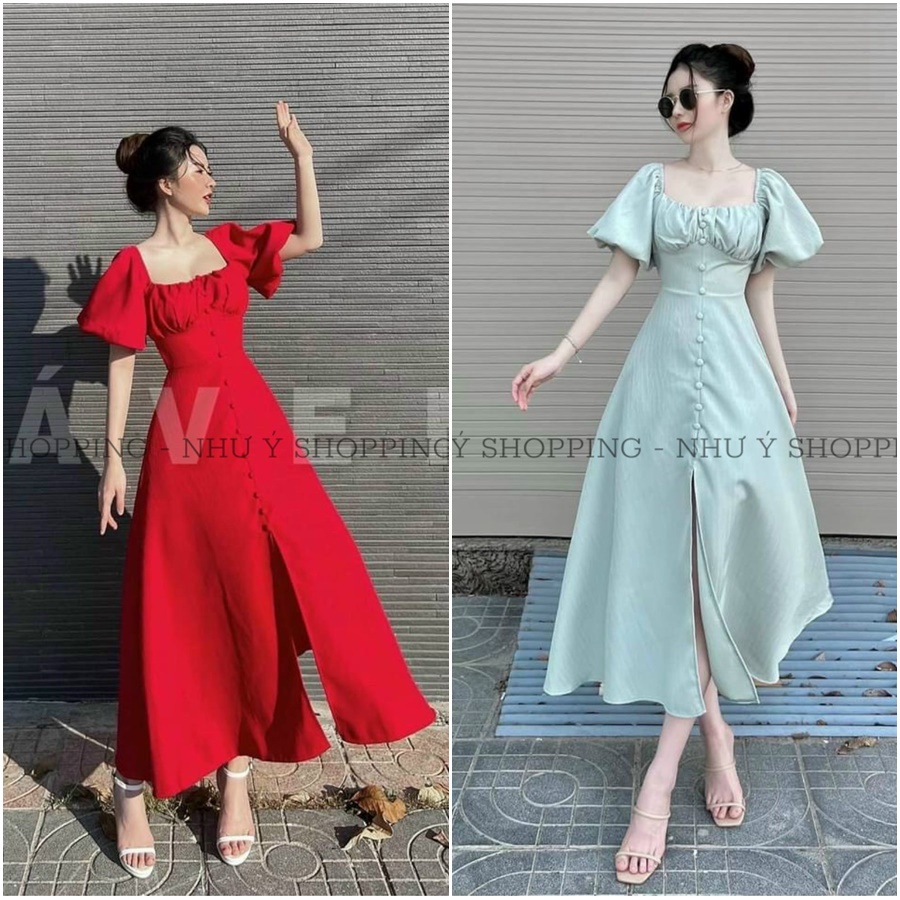 Đầm tay phồng đóng nút xẻ tà thanh lịch trẻ trung 3 màu free size dưới 55kg