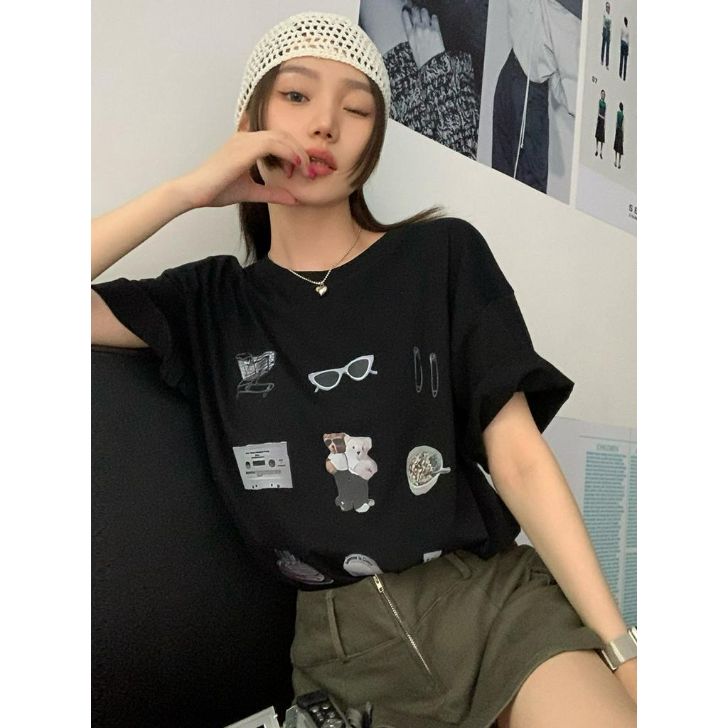 Áo thun Peppermint dáng rộng tay ngắn in hình phong cách retro Hàn Quốc thời trang mùa hè năng động cho nữ 52302