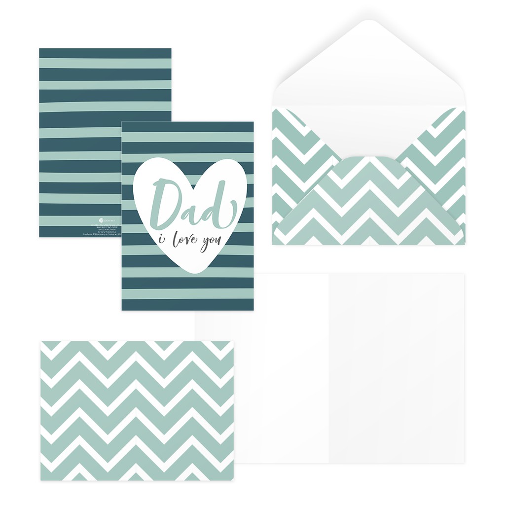 Bộ 4 thiệp 12,5x17,6 SDstationery TEAL LOVE FOR DAD pattern trái tim typography tặng bố ngày của cha father’s day Vu Lan