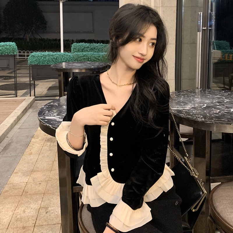 Áo cardigan kiểu SUXI tay dài cổ chữ V ôm dáng vừa vặn vải nhung phong cách Hàn Quốc vintage dành cho nữ