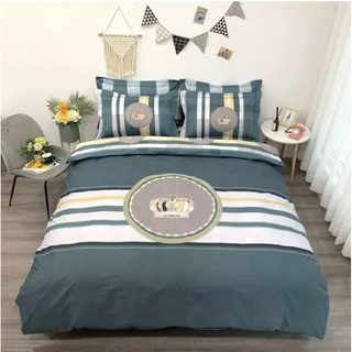 Bộ kẻ hoàng gia xanh vàng set chăn ga gối 4 món cotton organic 100% nhập khẩu