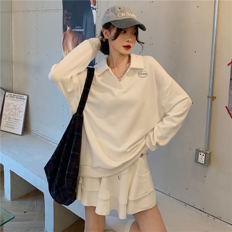 Set Áo Sweater Tay Dài Cổ Polo + Chân Váy Xếp Ly Thời Trang