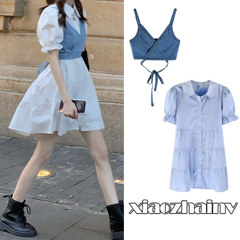 Xiaozhainv Đầm tay phồng/Áo hai dây vải denim kiểu retro xinh xắn cho bạn gái | BigBuy360 - bigbuy360.vn