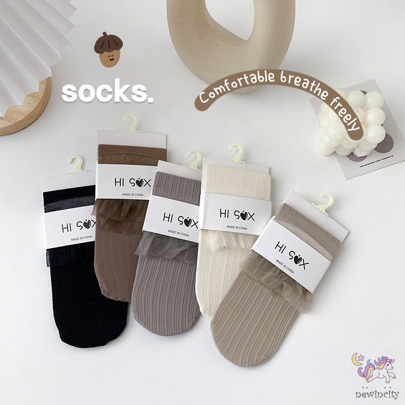 Bộ 5 Đôi Vớ Ren Lưới Mềm Mại Màu Trơn Kiểu Hàn Quốc Dễ Thương Cho Bé Gái