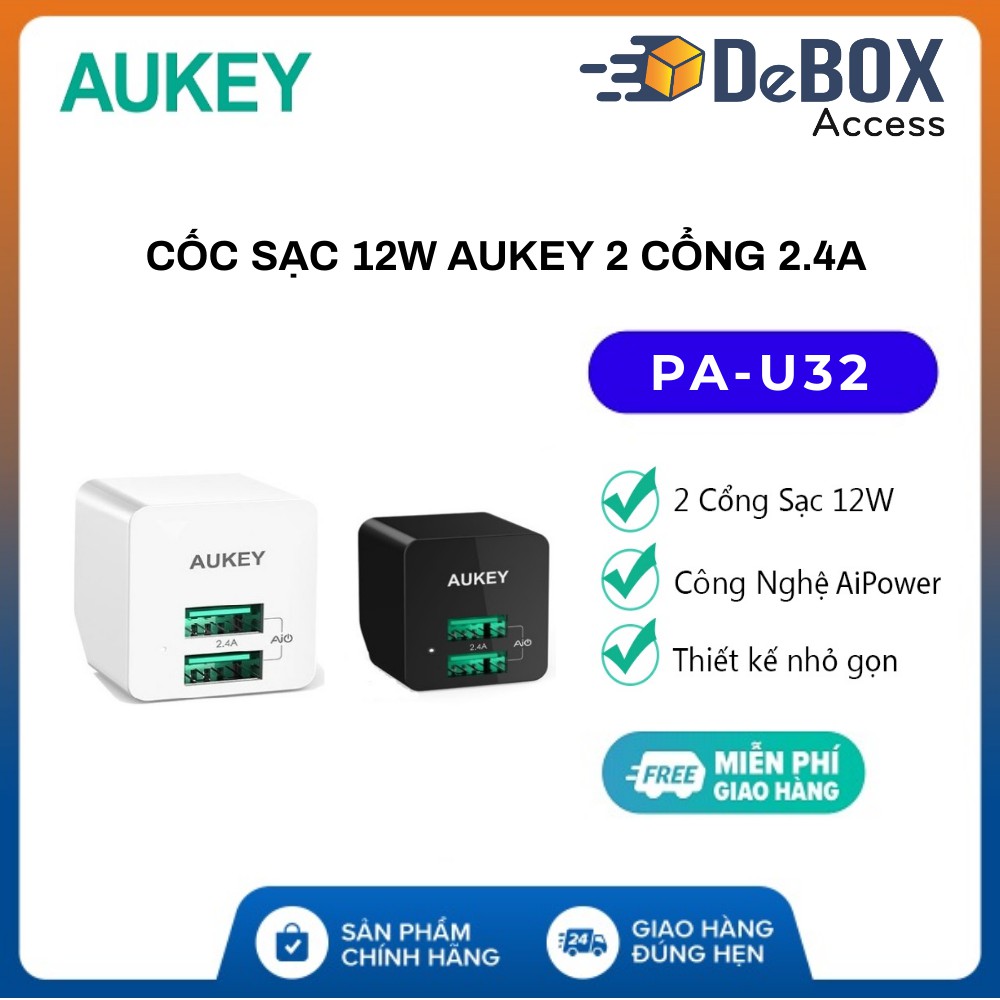 Cốc Sạc Aukey PA-U32 2 cổng 2.4A 12W Công Nghệ AiPower - BH 24T Chính Hãng