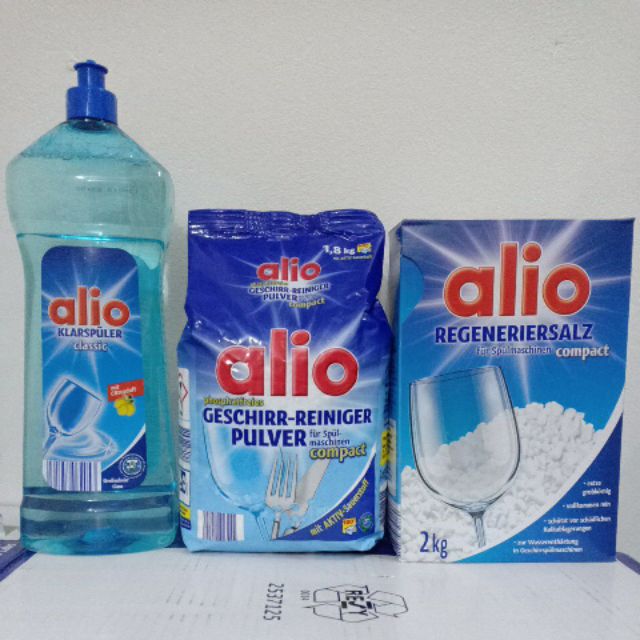 Combo bột rửa bát Alio + nước làm bóng Alio 1000 ml+ hộp muối làm mềm nước Alio 2 kg