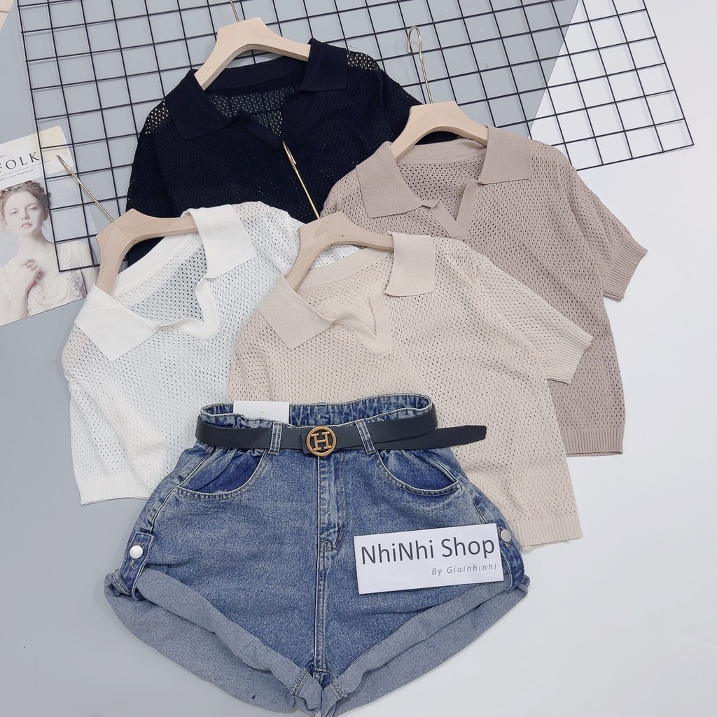 Áo polo len lỗ thưa màu trắng, Áo kiểu len cổ bẻ ngắn tay bo chun AL1379 - NhiNhi Shop