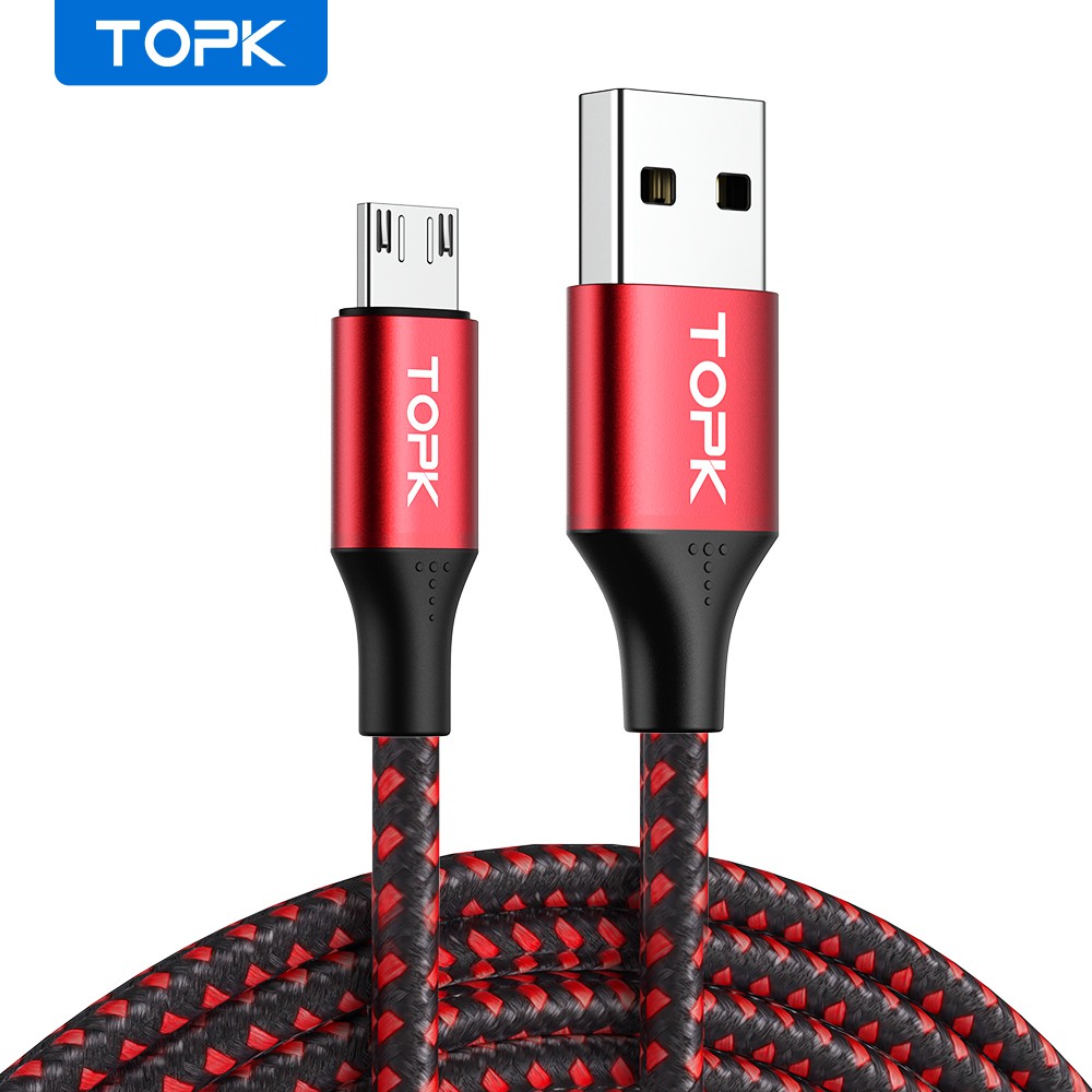  Cáp Sạc Nhanh TOPK AN10 QC3.0 Dây Nylon Bện Vỏ Kim Loại Đầu Cắm Micro USB Chất Lượng Cao