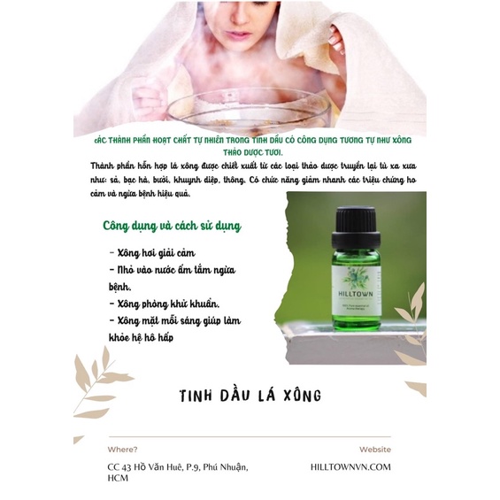 Tinh dầu lá xông HILLTOWN, hỗn hơp 5 loại tinh dầu thiên nhiên giúp giải cảm, lọ 10ml