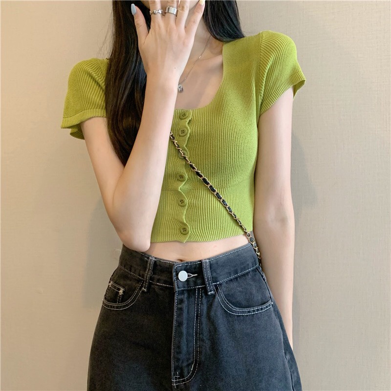 Áo croptop dệt kim cổ vuông ANDIEN nhiều màu hottrend phong cách Hàn Quốc WOO-0822-21