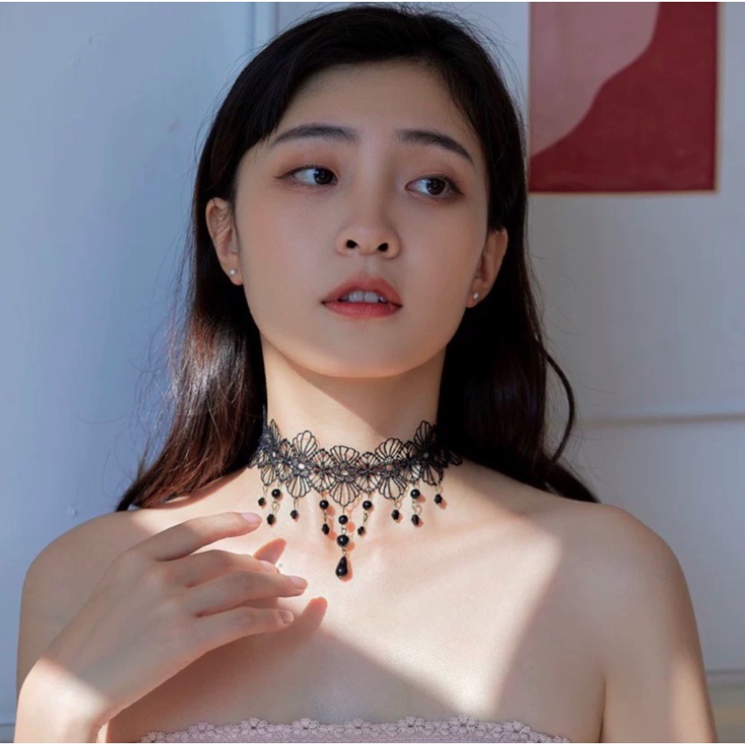 Vòng cổ dây chuyền choker nữ vải ren hoa 4 cánh đính chuỗi ngọc trai nhân tạo phong cách hàn quốc cá tính