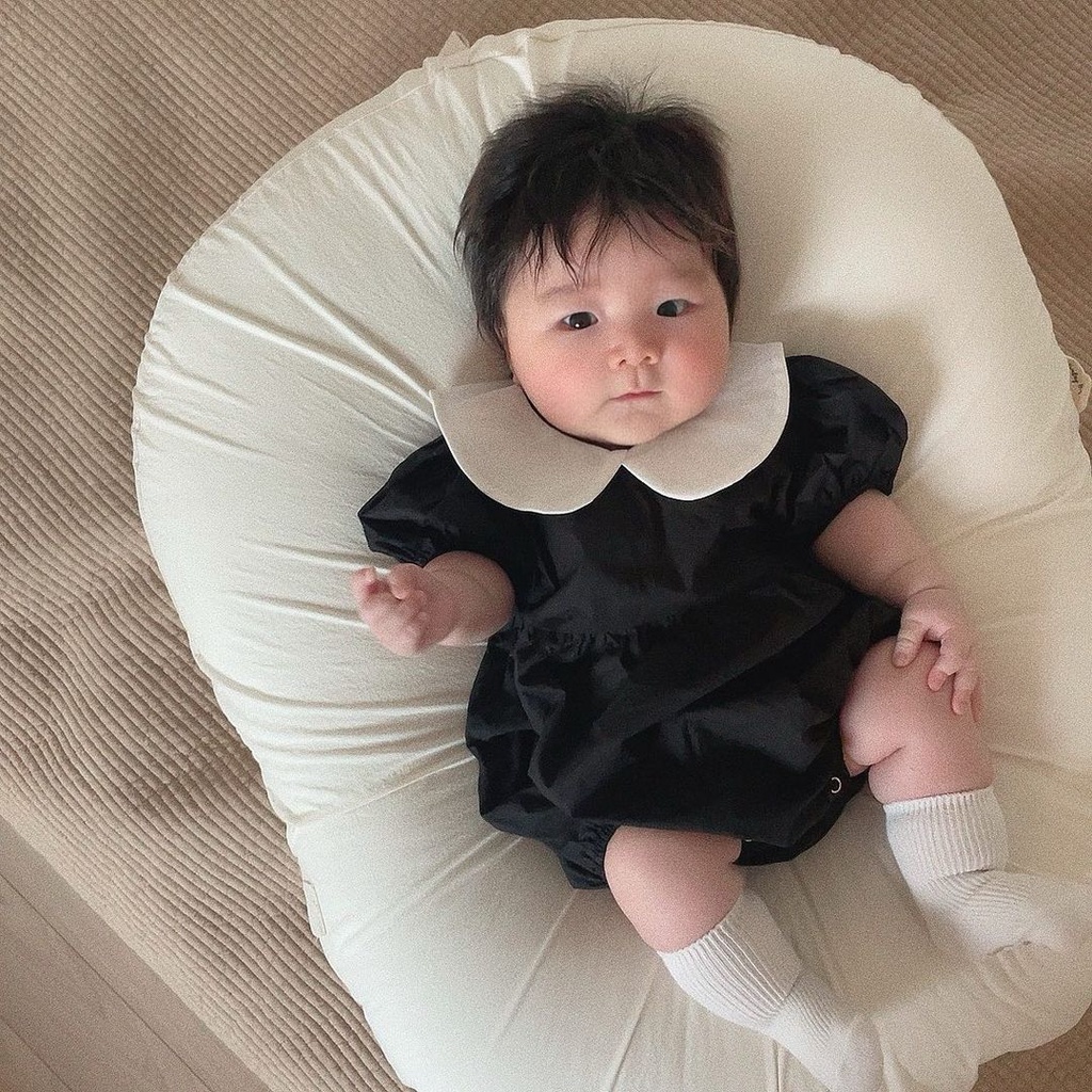 Bộ Áo Liền Quần Tay Ngắn Cổ Búp Bê Màu Đen Thời Trang Mùa Hè Cho Bé Gái 0-2 Tuổi