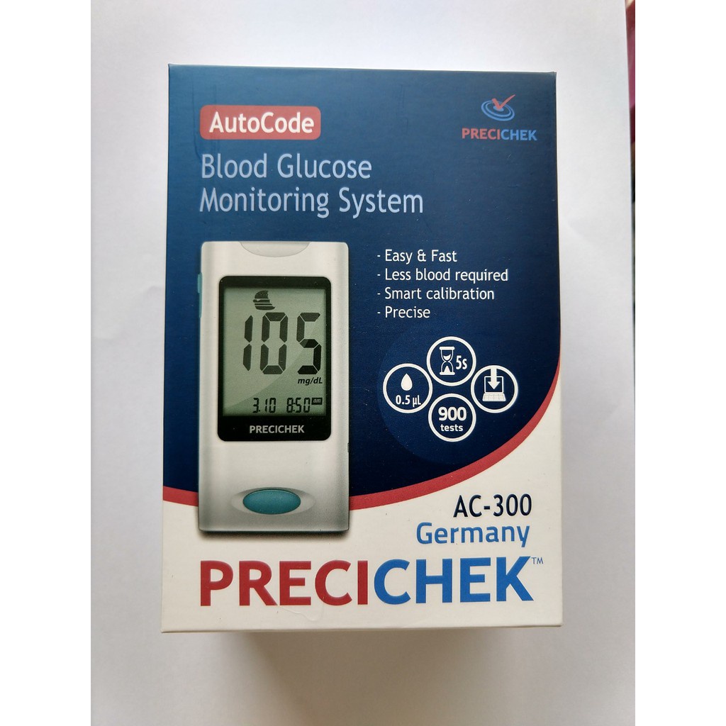 Bộ dụng cụ đo đường huyết cá nhân Precichek- Model AC300. Gồm máy và 50 lần thử. Ảnh thật ở cuối