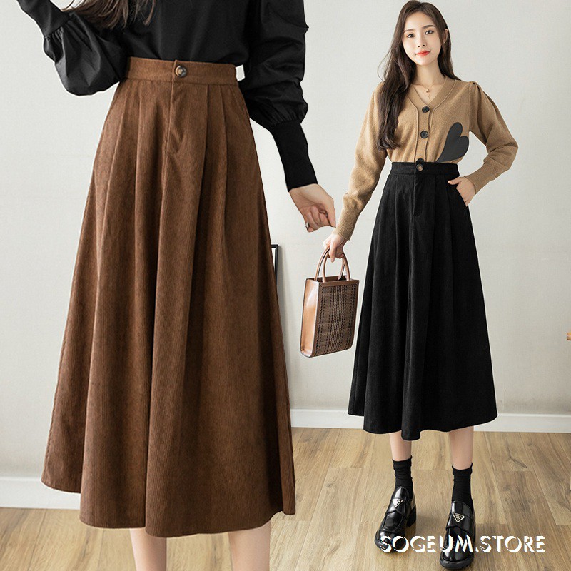 Chân váy dài lưng cao chất nhung tăm, chân váy dáng xòe tiểu thư vintage - sogeum.store | BigBuy360 - bigbuy360.vn
