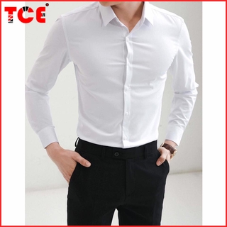 Áo Sơ Mi Nam trắng dài tay Hàn Quốc form body, vải lụa Thái chống nhăn