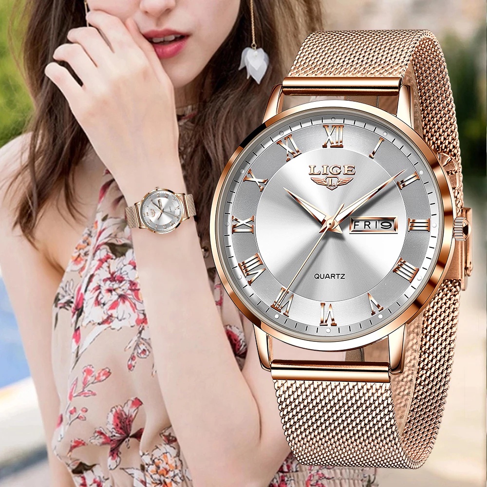 Đồng Hồ Đeo Tay Nữ Mặt Thạch Anh Lige Chống Thấm Nước Có Lịch Làm Từ Thép Không Gỉ