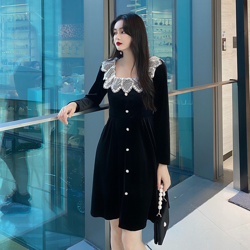 Đầm Ngắn Cổ Vuông Thời Trang Mùa Thu Hàn Quốc Dành Cho Nữ
