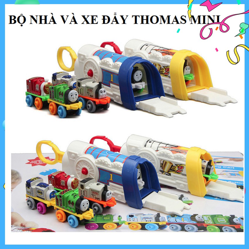 Bộ 4 xe mô hình tàu hỏa thomas mini bằng sắt và nhà đẩy đồ chơi trẻ em