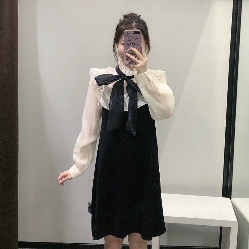 SẴN - Váy cổ nơ tay voan