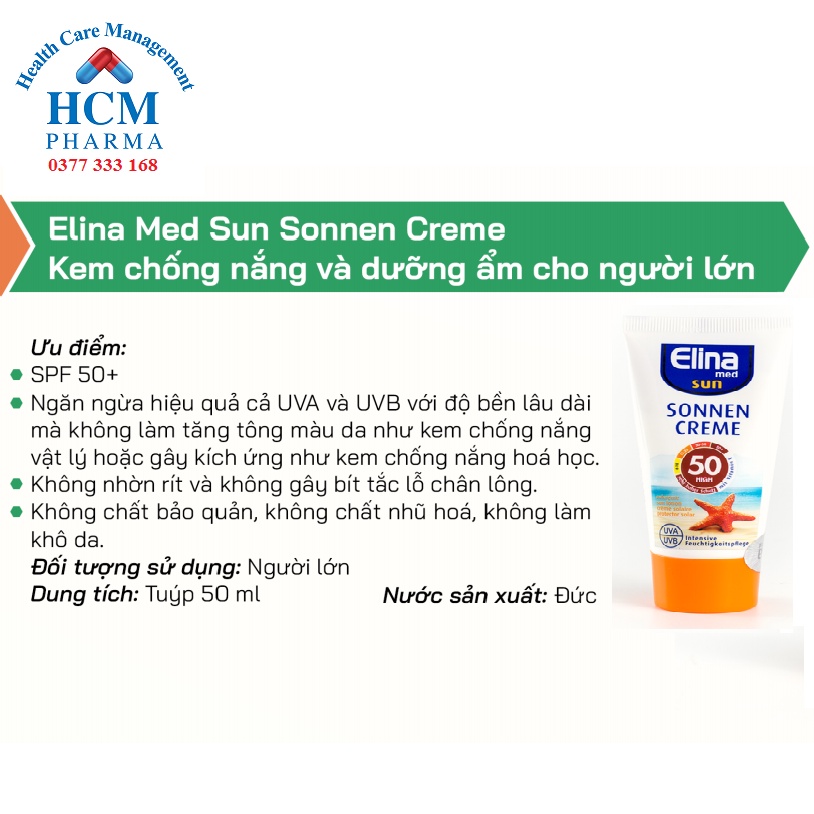 Kem chống nắng dưỡng ẩm chăm sóc cho da mặt body ELINA SONNENCREME nhập khẩu Đức tuýp 50ml DVN09