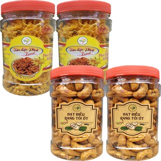 Combo 4 hũ: 2 hũ điều rang tỏi ớt mỗi hũ 200g và 2 hũ khô gà mỗi hũ 100g