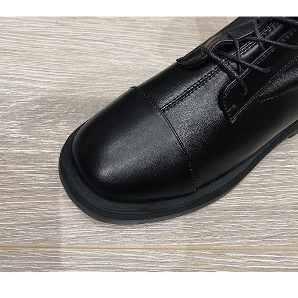 Giày bốt cổ cao mũi tròn gót thấp phối dây cột và khóa kéo ở mặt trước | BigBuy360 - bigbuy360.vn