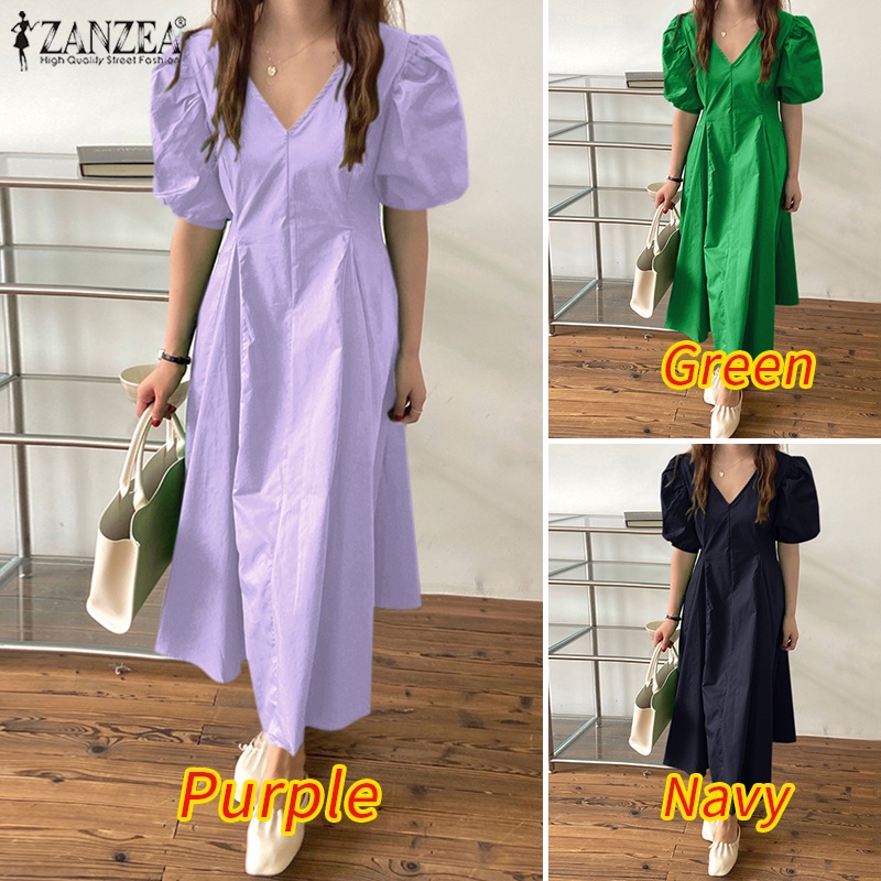 Đầm Zanzea tay phồng cổ chữ V phong cách Hàn Quốc thời trang cho nữ