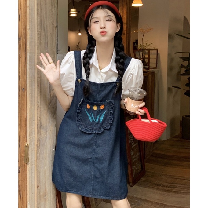 Váy yếm DENIM túi hoa tulip không tay chất jean mềm mại phong cách Hàn Quốc HITA22_STORE.