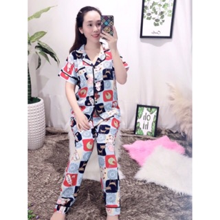 Pizama tay cộc quần dài lụa hình có túi quần