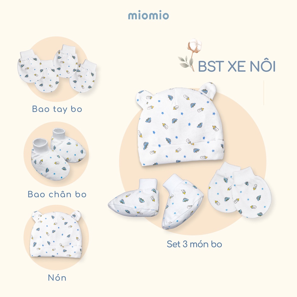 Bao Tay Sơ Sinh, Bao Chân, Nón Sơ Sinh MIOMIO - Họa tiết Xe Nôi Cho Bé Trai, Bé Gái, Vải Cotton