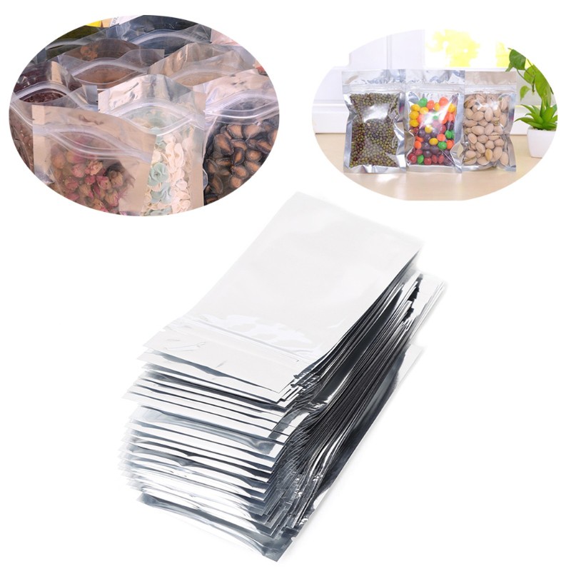 Bộ 50 cái túi khóa kéo lá nhôm Mylar mặt trước trong sau bạc 7x13cm chống rò rỉ đóng lại được